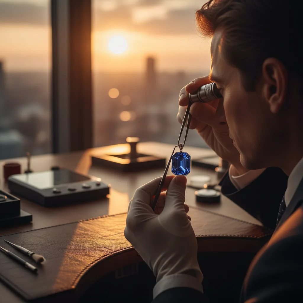 Gemmologue examinant un saphir à la loupe