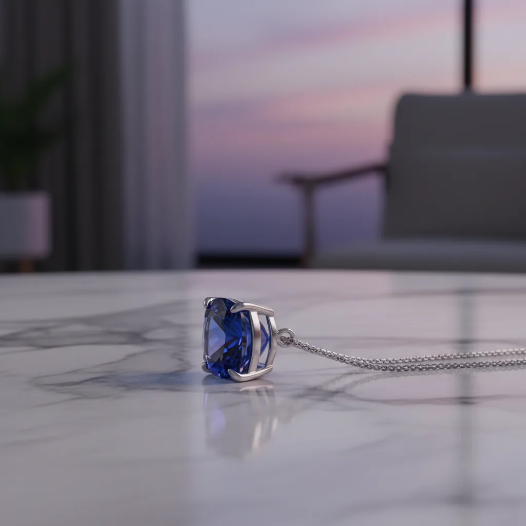 Pendentif saphir bleu serti sur chaîne en or blanc